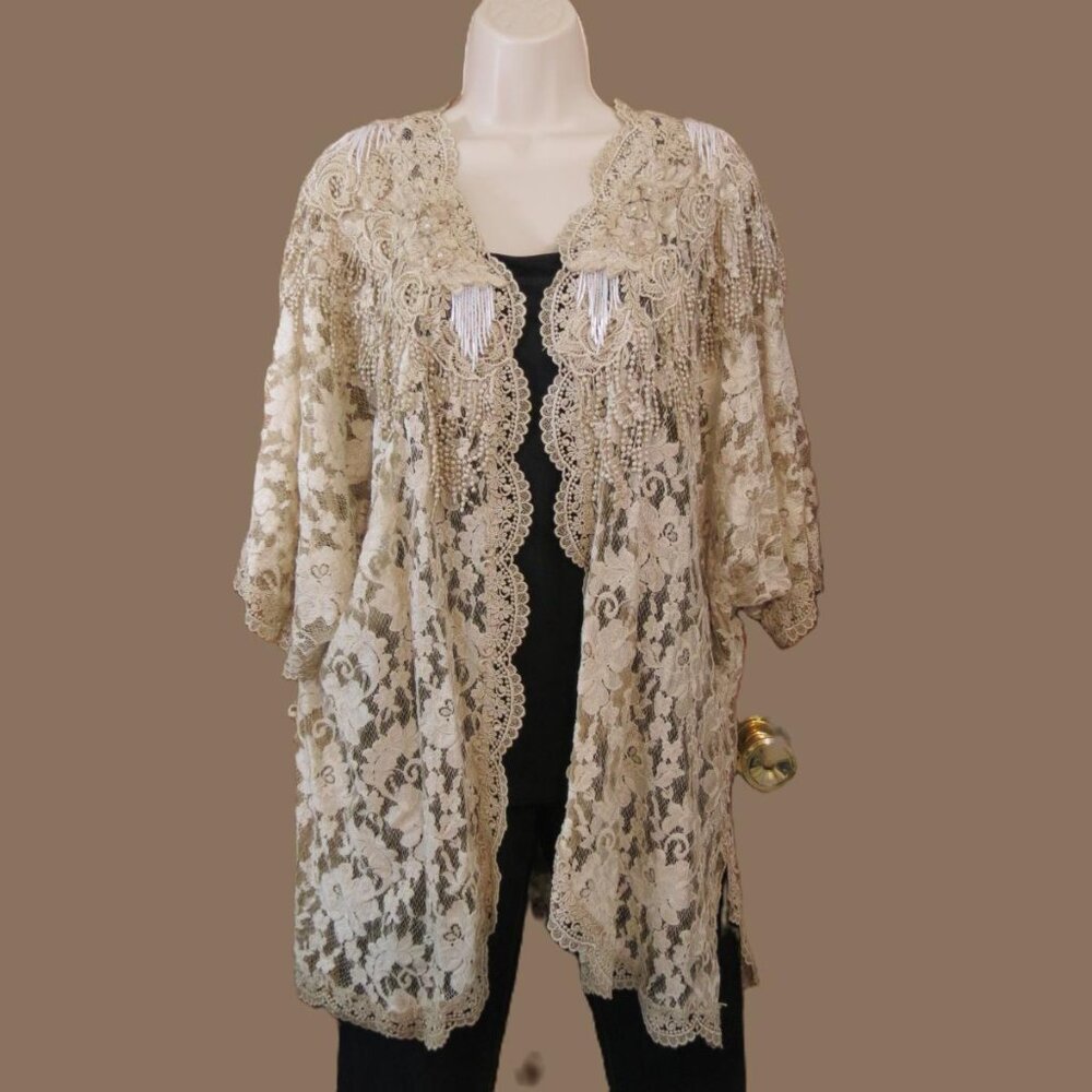 Pat Dahnke Handmade Ivory/Tan Lace Cardigan Kimono BeadedTexas Luxury One Size